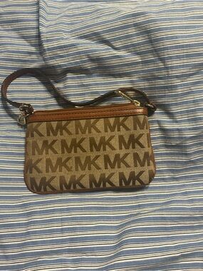 Michael Kors Brown and Tan MK Logo Crossbody Wristlet